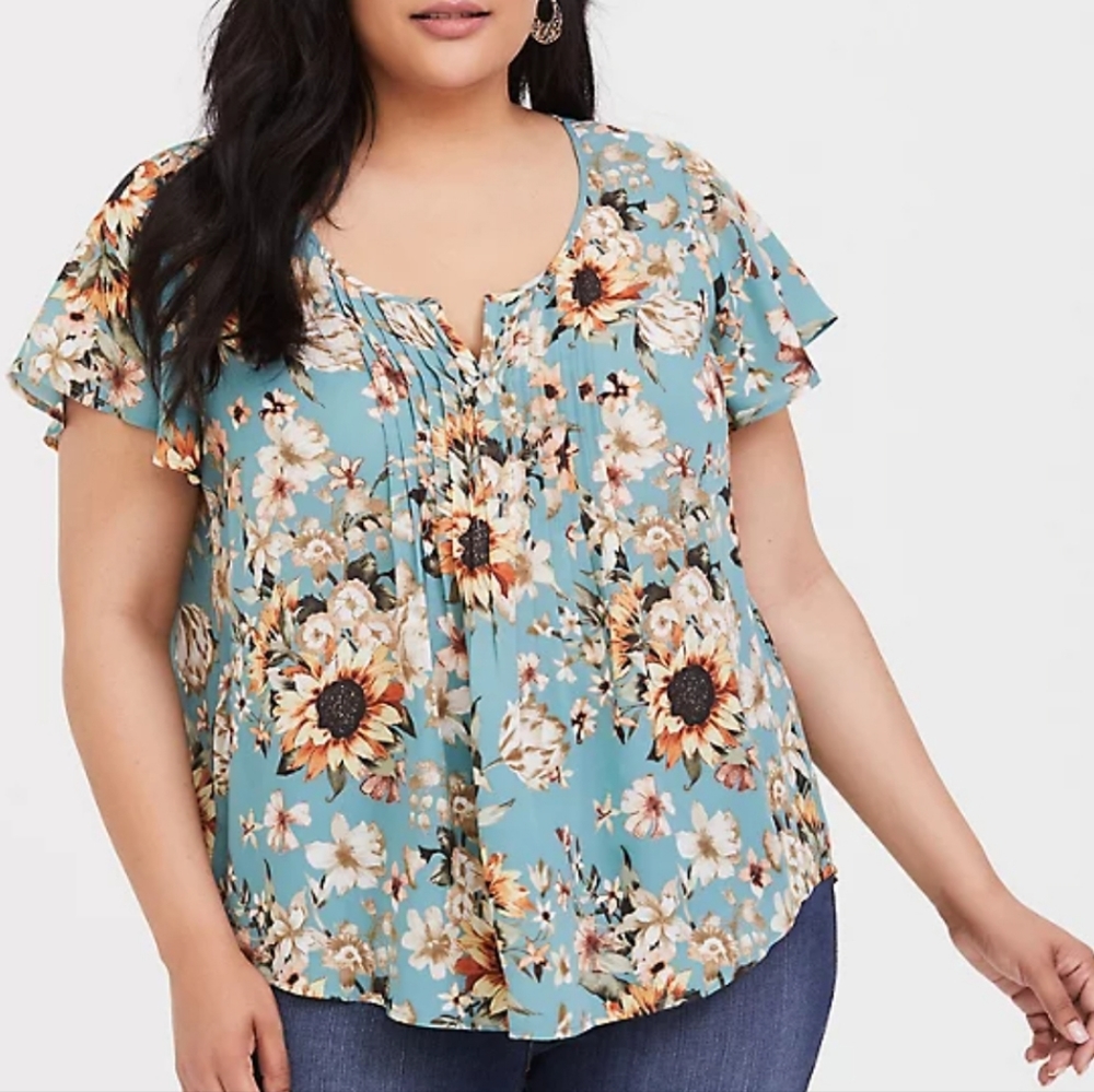 Torrid Floral Blouse in Blue and Cream